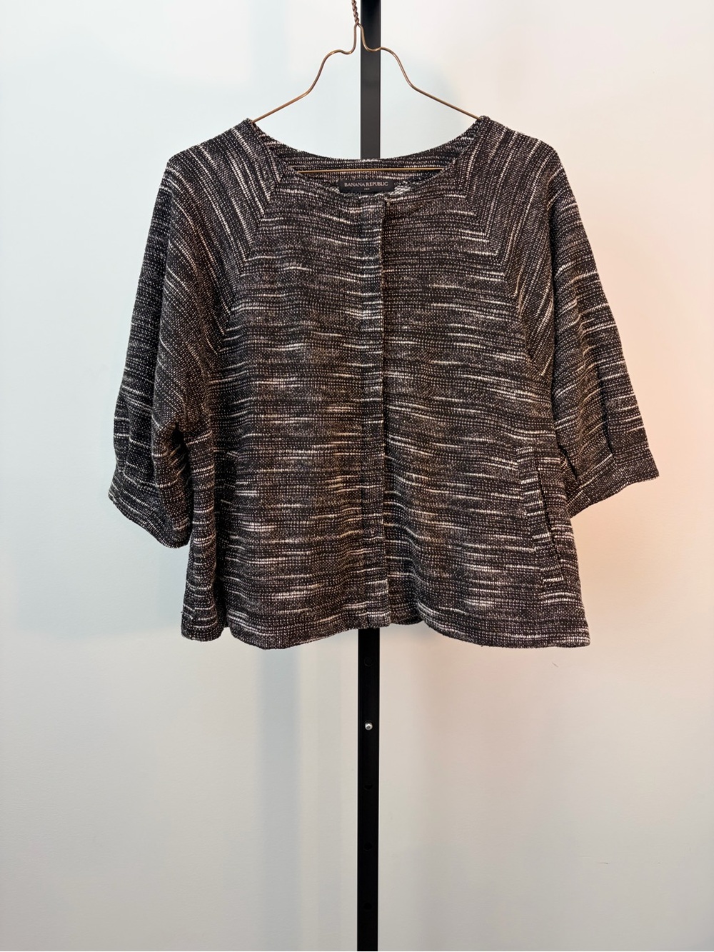 Banana Republic Black and Gray Marled Open-Front Boxy Knit Top